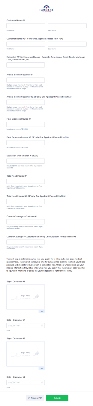 LIFE Needs Analysis Form Template