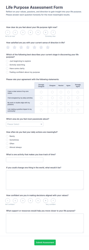 Life Purpose Assessment Form Template