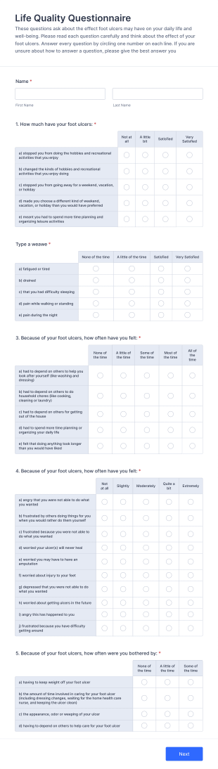 Life Quality + UK Diabetes Diet Questionnaire Form Template