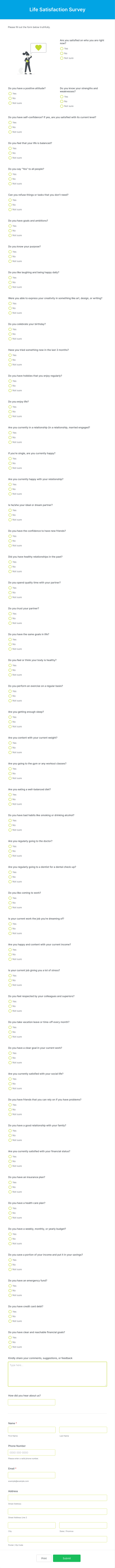 Life Satisfaction Survey Form Template