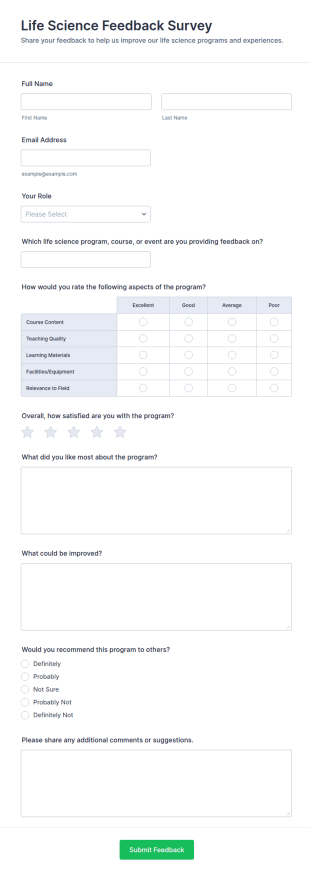Life Science Feedback Survey Form Template