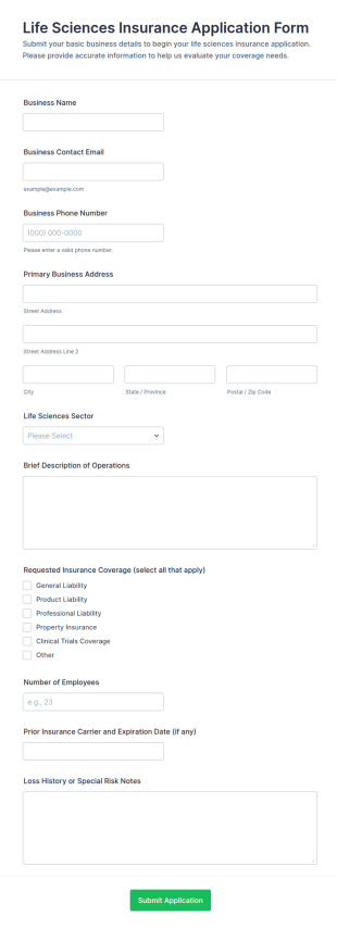 Life Sciences Insurance Application Form Template