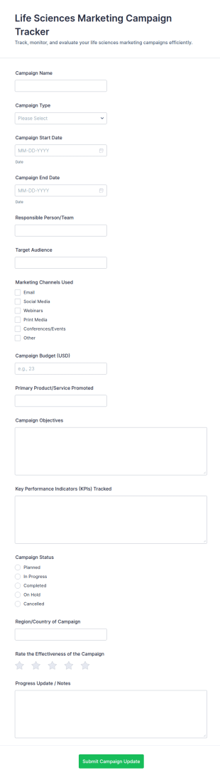 Life Sciences Marketing Campaign Tracker Form Template