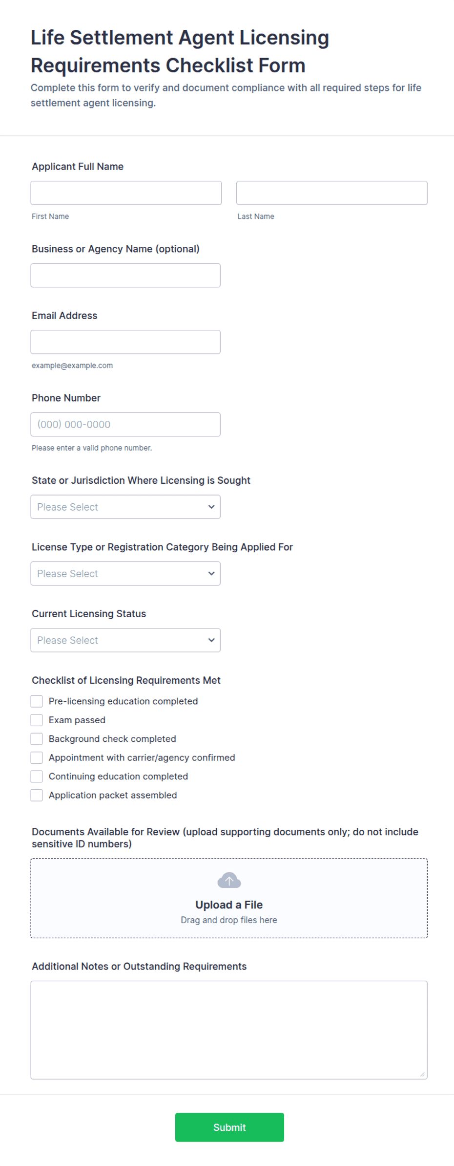 Life Settlement Agent Licensing Requirements Checklist Form Template ...