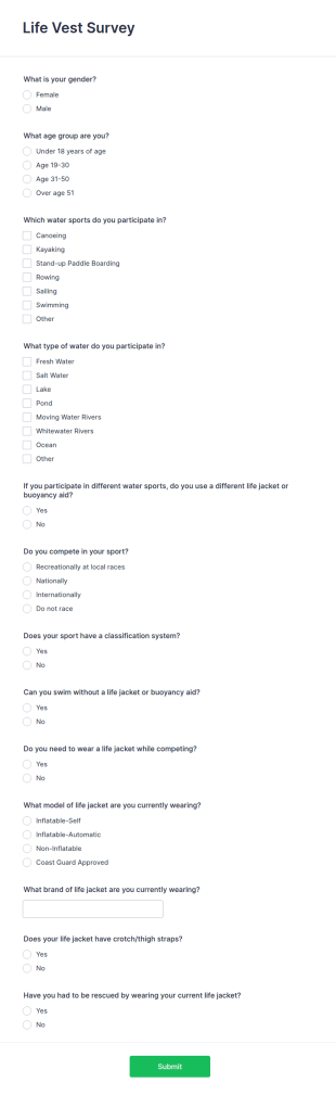 Life Vest Survey Form Template