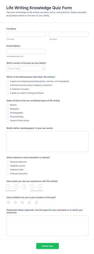 Life Writing Knowledge Quiz Form Template