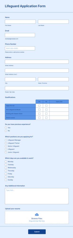 Lifeguard Application Form Template