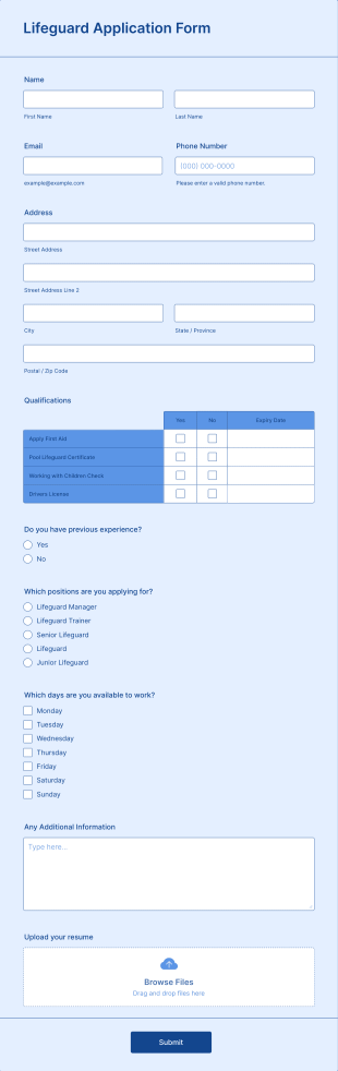 Lifeguard Application Form Template