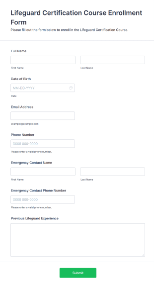 Lifeguard Certification Course Enrollment Form Template