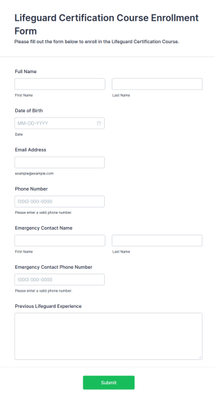 Lifeguard Certification Course Enrollment Form Template