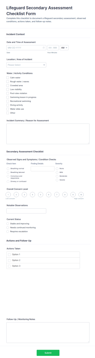 Lifeguard Secondary Assessment Checklist Form Template
