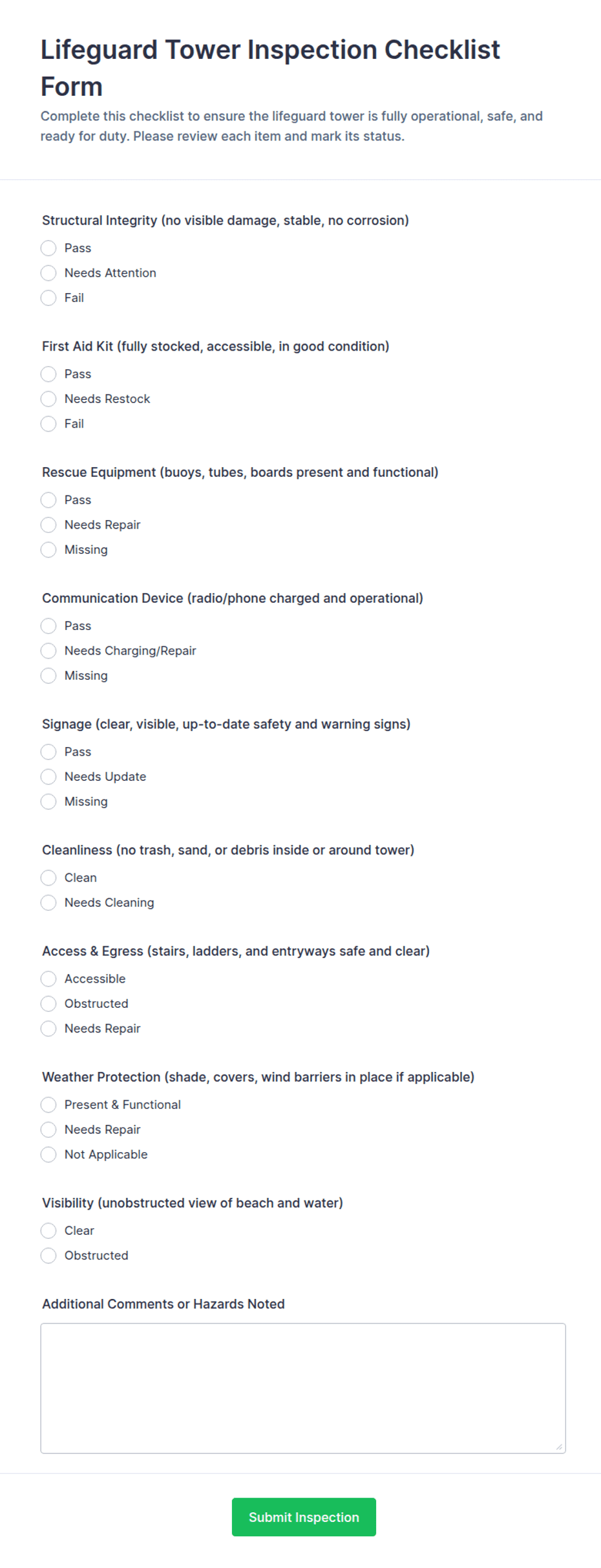 Example Insection Report Form Lifeguard Tower Inspection Checklist Form Template | Jotform