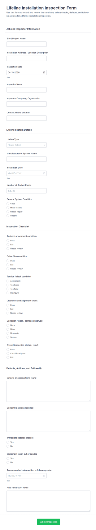 Lifeline Installation Inspection Form Template