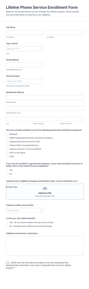 Lifeline Phone Service Enrollment Form Template