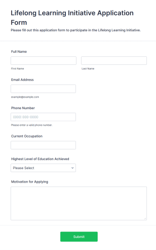 Lifelong Learning Initiative Application Form Form Template