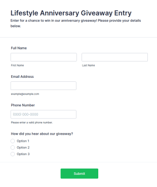 Lifestyle Anniversary Giveaway Entry Form Template