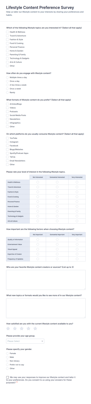 Lifestyle Content Preference Survey Form Template