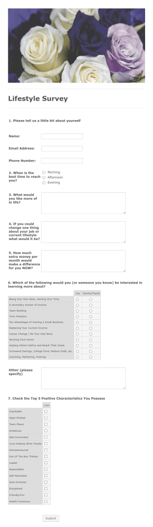 Lifestyle Survey Form Template