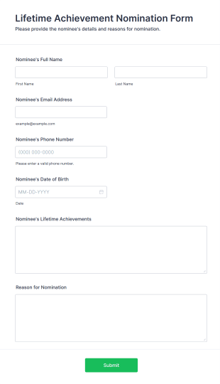 Lifetime Achievement Nomination Form Form Template