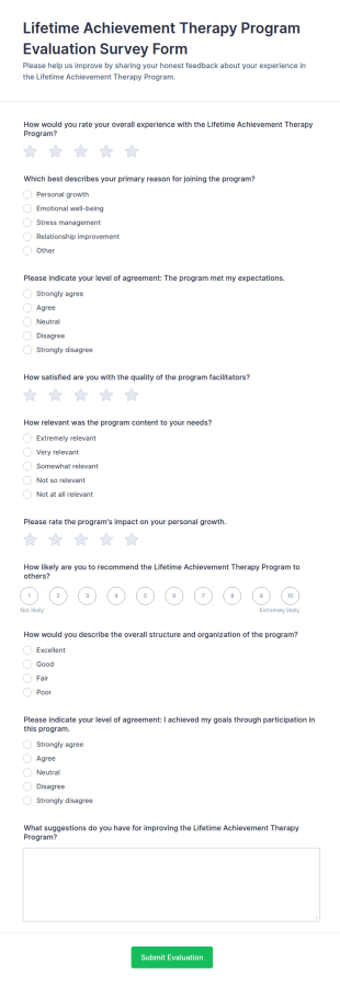 Lifetime Achievement Therapy Program Evaluation Survey Form Template