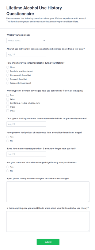 Lifetime Alcohol Use History Questionnaire Form Template