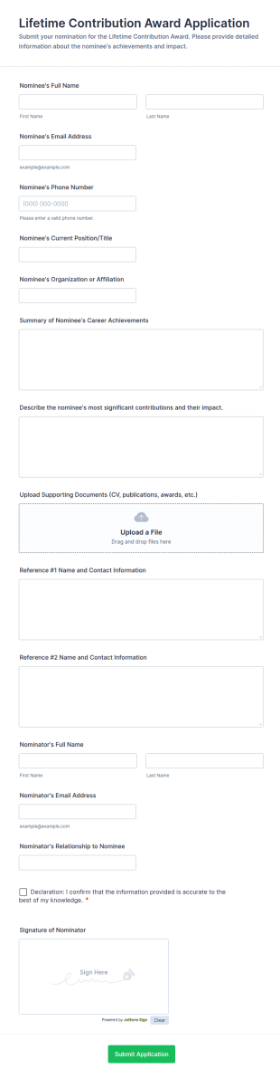 Lifetime Contribution Award Application Form Template