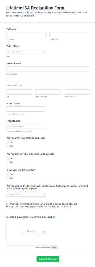 Lifetime ISA Declaration Form Template