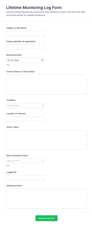 Lifetime Monitoring Log Form Template