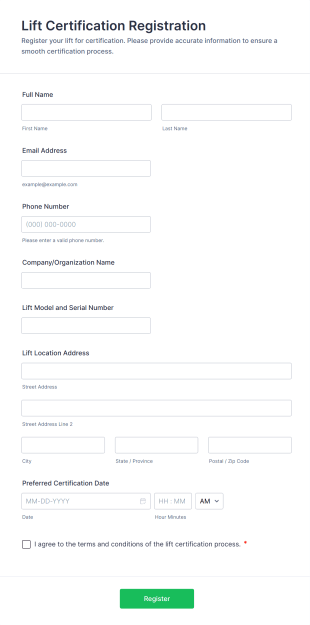 Lift Certification Registration Form Template