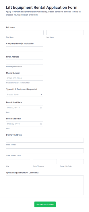 Lift Equipment Rental Application Form Template
