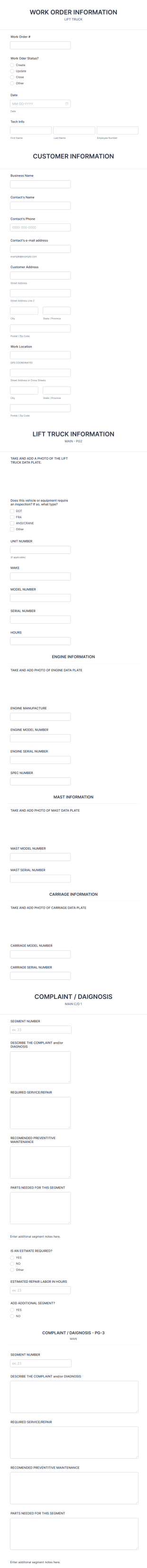 Lift Truck Work Order Information Form Template