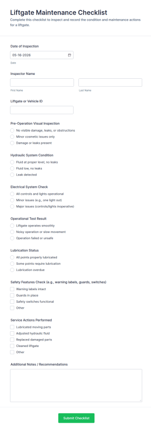 Liftgate Maintenance Checklist Form Template