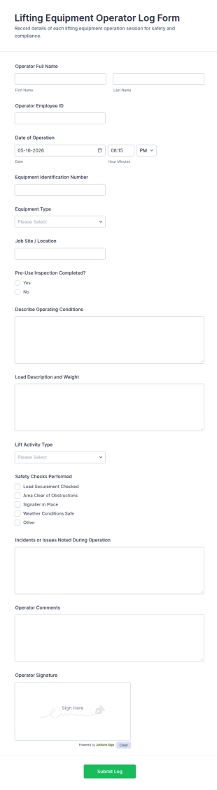 Lifting Equipment Operator Log Form Template