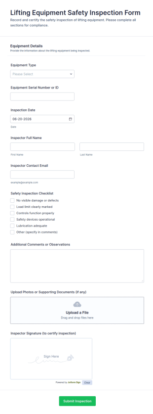 Lifting Equipment Safety Inspection Form Template