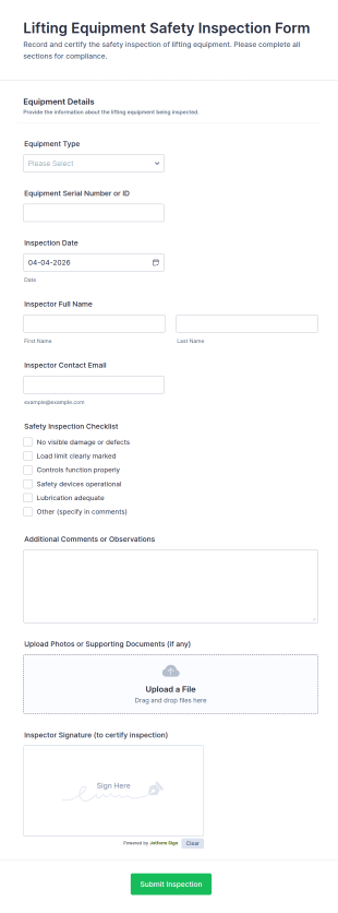 Lifting Equipment Safety Inspection Form Template