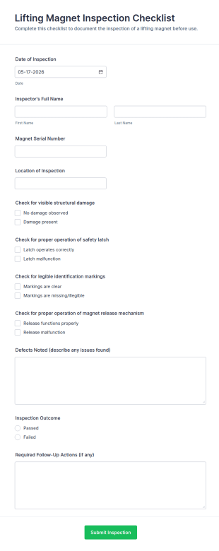 Lifting Magnet Inspection Checklist Form Template