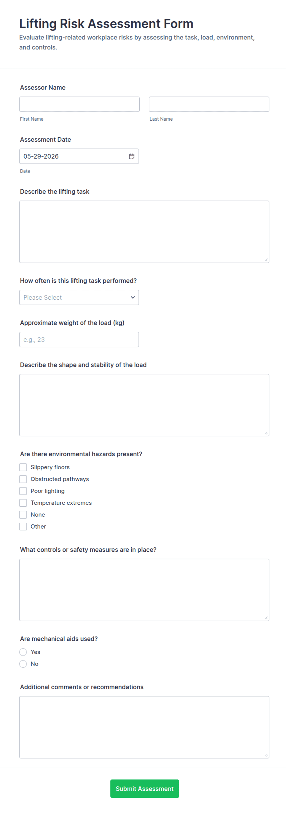 Lifting Risk Assessment Form Template | Jotform