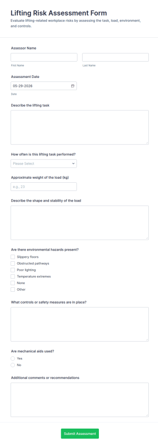 Lifting Risk Assessment Form Template