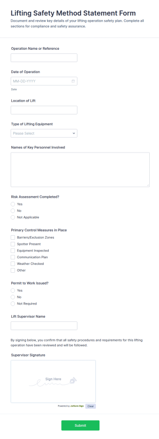Lifting Safety Method Statement Form Template