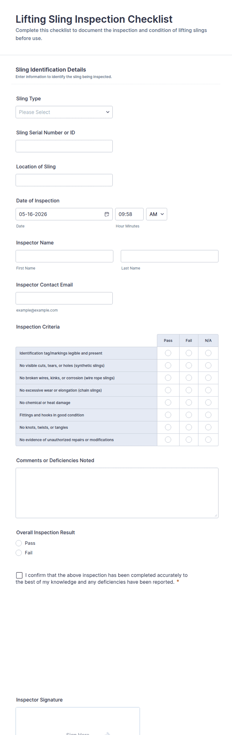 Lifting Sling Inspection Checklist Form Template | Jotform