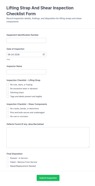 Lifting Strap And Shear Inspection Checklist Form Template