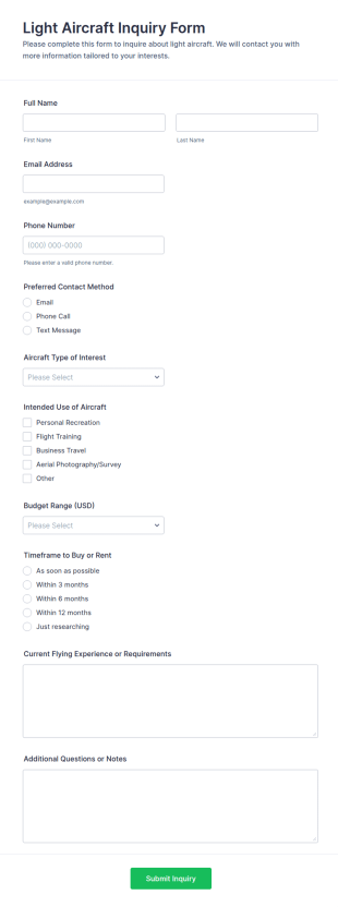Light Aircraft Inquiry Form Template