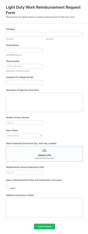 Light Duty Work Reimbursement Request Form Template