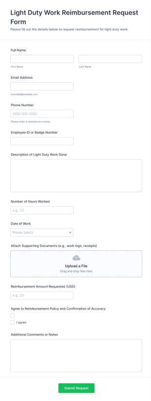 Light Duty Work Reimbursement Request Form Template