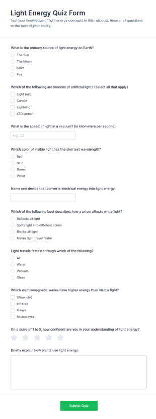 Light Energy Quiz Form Template