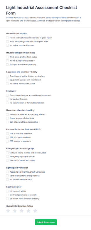 Light Industrial Assessment Checklist Form Template