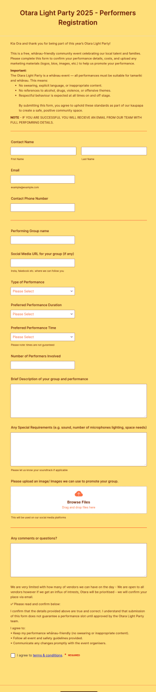 Light Party Performers Form Template