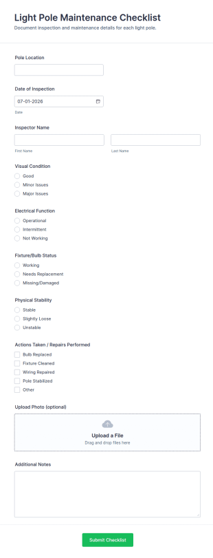 Light Pole Maintenance Checklist Form Template