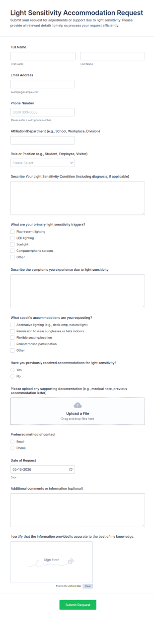 Light Sensitivity Accommodation Request Form Template