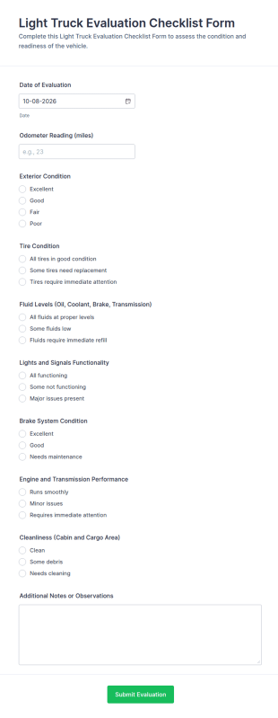 Light Truck Evaluation Checklist Form Template